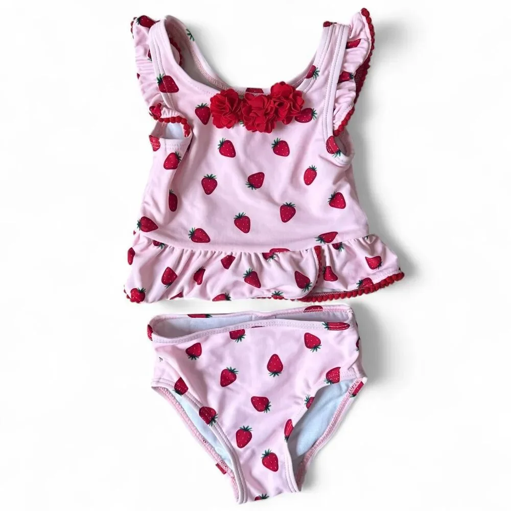 Little Me Strawberry 2-Piece Swimsuit Set 18M | Pink Ruffle Tankini | Girls